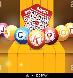 3D Illustration of Jackpot Bingo Lottery Balls and Red Cards Over Golden Yellow Step with Stripes Stock Vector