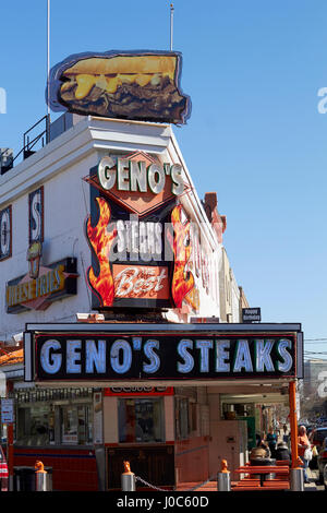 Geno's Steaks, a famous snack bar/restaurant in Philadelphia's Italian Market neighborhood Stock Photo