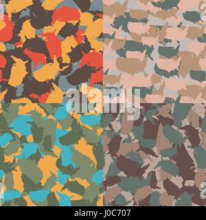 Colorful America urban camouflage. Set of USA shape camo seamless pattern. Vector fabric textile. Military print design Stock Vector