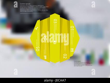 Illustration infographic template with motif of octagon vertically divided to five shifted yellow sections. Blurred photo with financial motif with ch Stock Vector