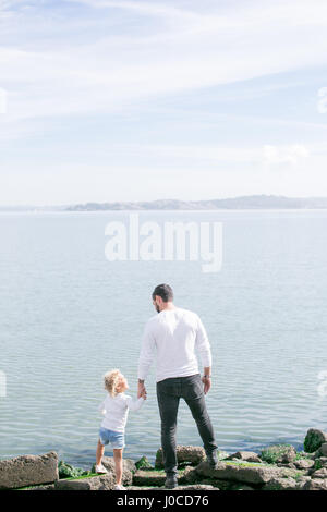 Rear view of mature man and daughter at water's edge on coast Stock Photo