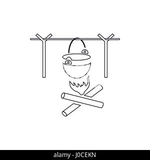 Camping pot over a bonfire icon, outline style Stock Vector
