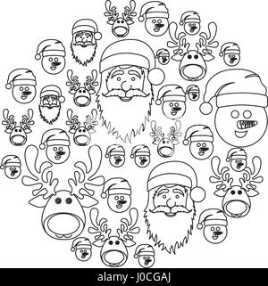 monochrome round pattern of christmas faces silhouettes Stock Vector