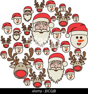 colorful round pattern of christmas faces silhouettes Stock Vector