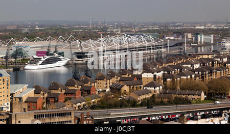 Aerial View of the Royal Victoria Docks taken from the Emirates Air Line Cable Car Stock Photo