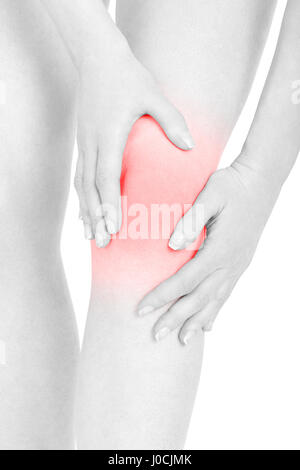 Woman fatigued leg with knee pain isolated on white, clipping path Stock Photo
