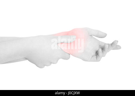 Young woman with carpal tunnel syndrome, red wrist pain isolated on white, clipping path Stock Photo