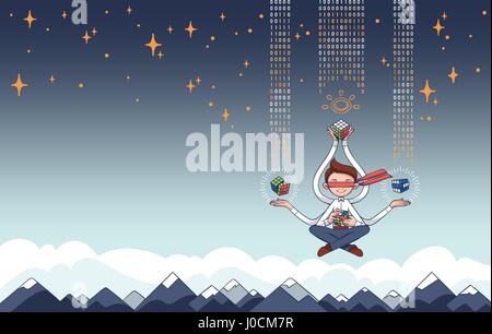 Dynamic Information Technology Concept with IT Professional Multi-Tasking while Meditating - Landscape Background with Copyspace in Flat Vector Stock Vector