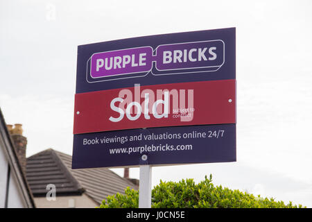 Purple Bricks Group PLC estate agents sold sign the company is the UKs first online property agent launched in 2014