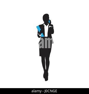 Business Woman Black Silhouette Full Length Speak Cell Smart Phone Call Over White Background Vector Illustration Stock Vector