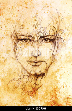 Mystic man face and ornament. pencil drawing on old paper. Stock Photo