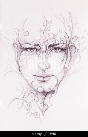 Mystic man face and ornament. pencil drawing on old paper. Stock Photo