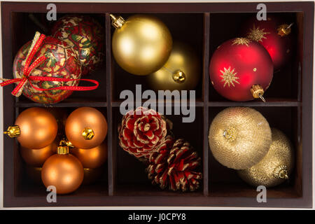 High angle view of a box of a collection of Christmas balls Stock Photo