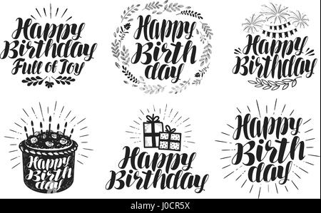 Happy Birthday, label set. Birth day, holiday symbol or logo. Handwritten lettering, calligraphy Stock Vector