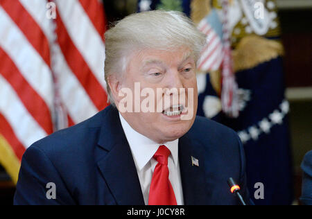 Washington, USA. 11th Apr, 2017. United States President Donald Trump speaks during a strategic and policy discussion with CEOs in the State Department Library in the Eisenhower Executive Office Building (EEOB) in Washington, DC, April 11, 2017. Credit: MediaPunch Inc/Alamy Live News Stock Photo