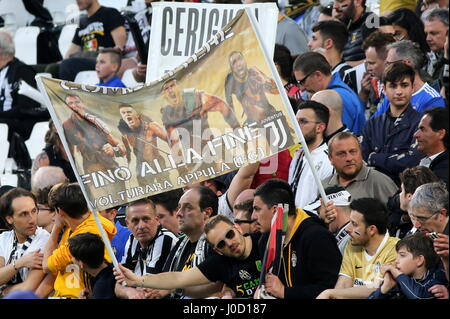 Turin, Italy. 11th Apr, 2017. The Juventus fans before the 1st leg of Champions League quarter-final between Juventus FC and FCB Barcelona at Juventus Stadium on April 11, 2017 in Turin, Italy. Juventus won 3-0 over Barcelona. Credit: Massimiliano Ferraro/Alamy Live News Stock Photo