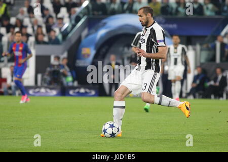 Turin, Italy. 11th Apr, 2017. Giorgio Chiellini (Juventus FC) in action during the 1st leg of Champions League quarter-final between Juventus FC and FCB Barcelona at Juventus Stadium on April 11, 2017 in Turin, Italy. Juventus won 3-0 over Barcelona. Credit: Massimiliano Ferraro/Alamy Live News Stock Photo