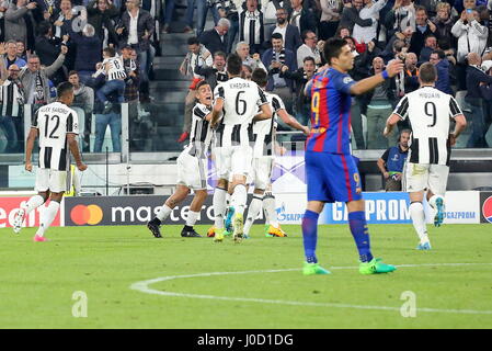 Turin, Italy. 11th Apr, 2017. The Juventus players celebrate after the 3-0 by Giorgio Chiellini during the 1st leg of Champions League quarter-final between Juventus FC and FCB Barcelona at Juventus Stadium on April 11, 2017 in Turin, Italy. Juventus won 3-0 over Barcelona. Credit: Massimiliano Ferraro/Alamy Live News Stock Photo