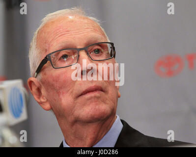 San Diego, CALIFORNIA, USA. 11th Apr, 2017. SAN DIEGO, April 11, 2017 | Retiring Aztecs head basketball coach Steve Fisher during a press conference announcing Fisher's retirement at SDSU in San Diego on Tuesday. | Photo by Hayne Palmour IV/San Diego Union-Tribune/Mandatory Credit: HAYNE PALMOUR IV/SAN DIEGO UNION-TRIBUNE/ZUMA PRESS San Diego Union-Tribune Photo by Hayne Palmour IV copyright 2016 Credit: Hayne Palmour Iv/San Diego Union-Tribune/ZUMA Wire/Alamy Live News Stock Photo