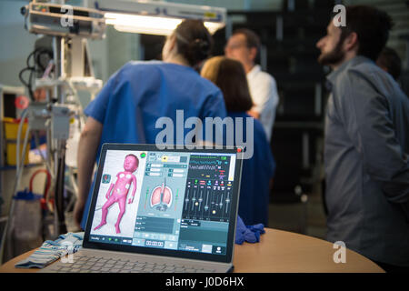 Tuebingen, Germany. 12th Apr, 2017. A laptop with an opened configuration screen in the women's clinic in Tuebingen, Germany, 12 April 2017. 'Paul', a premature birth simulation system, can simulate a variety of scenarios and is used for training purposes in the hospital. Photo: Lino Mirgeler/dpa/Alamy Live News Stock Photo