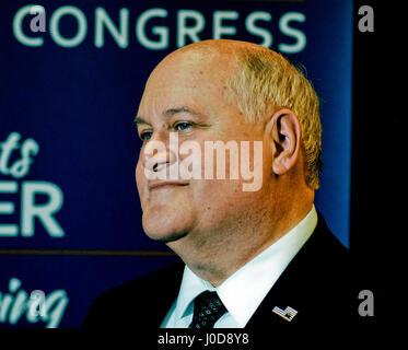 Wichita, USA. 11th Apr, 2017. Republican Kansas State Treasurer Ron Estes at the podium of the Marriott Hotel bllroom addressing the crowd of 200 supporters after he won the special election to fill the vacant 4th district congressional seat in Wichita Kansas, April 11, 2017. Credit: mark reinstein/Alamy Live News Stock Photo