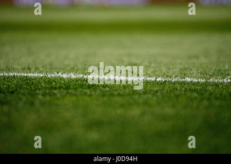 Madrid, Spain. 12th April, 2017. The grass during the football match of quarterfinals of 2016/2017 UEFA Champions League between Atletico de Madrid and Leicester City  Football Club at Calderon Stadium on April 12, 2017 in Madrid, Spain. ©David Gato/Alamy Live News Stock Photo