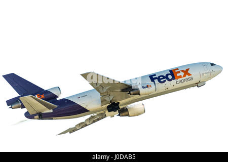 FedEx cargo jet (McDonnel Douglas DC-10) leaving Memphis International Airport in Memphis, Tennessee, USA. Stock Photo