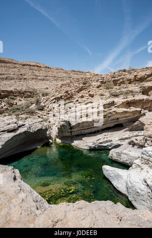 River (with turquoise water) and pool in the canyon of Wadi Bani Khalid, Oman Stock Photo