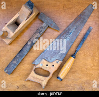 Closeup of assorted work tools on wood Stock Photo