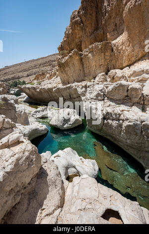 Clear blue-green river water flowing through the arid Wadi Bani Khalid canyon in Oman, one of the country’s most visited scenic spots, vertical view Stock Photo