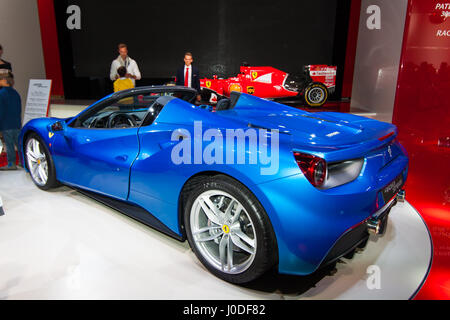 FRANKFURT, GERMANY - SEPTEMBER 23, 2015: Frankfurt international motor show (IAA) 2015. Ferrari 488 GTS Spider. Stock Photo