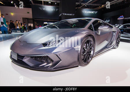 FRANKFURT - SEPTEMBER23: Mansory Carbonado Black Diamond Lamborghini Aventador shown at the 66th IAA  on September 23, 2015 in Frankfurt, Germany. Wor Stock Photo