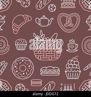 Bakery seamless pattern, food vector background of brown, yellow color. Confectionery products thin line icons - cake, croissant, muffin, pastry, cupc Stock Vector