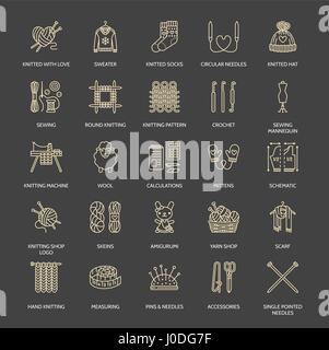 Knitting, crochet, hand made line icons set. Knitting needle, hook, scarf, socks, pattern, wool skeins and other DIY equipment. Linear signs set, logo Stock Vector