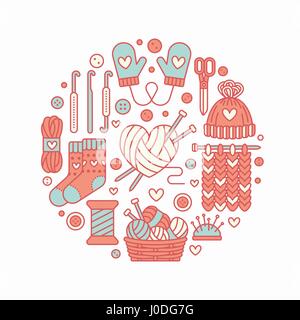 Knitting, crochet, hand made banner illustration. Vector line icon knitting needle, hook, scarf, socks, pattern, wool skeins and other DIY equipment.  Stock Vector