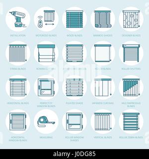 Window blinds, shades line icons. Various room darkening decoration, roller shutters, roman curtains, horizontal and vertical jalousie. Interior desig Stock Vector