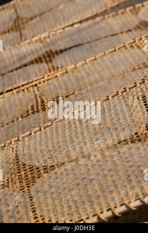 Vertical view of traditional rice paper drying in the sunshine in Vietnam. Stock Photo