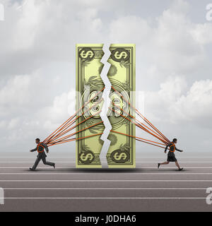 Equal pay concept and gender wage gap symbol as a man and woman pulling apart a generic dollar as a financial compensation metaphor .