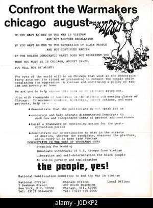 A Vietnam War era leaflet from the National Mobilization Committee to End the War in Vietnam titled 'Confront the Warmakers' advocating citizens take part in demonstrations against military action in Vietnam as well as civil rights issues in the United States, Chicago, IL, 1967. Stock Photo