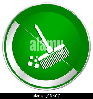 Broom silver metallic border green web icon for mobile apps and internet. Stock Photo