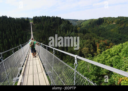 Moersdorf, Rhineland-Palatinate/ Germany August 31 2016: Simple suspension bridge Geierlay in Moersdorf at Hunsrueck mountains Stock Photo