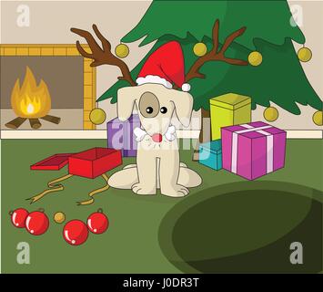 Cute dog in Santa xmas cap opening gift near fireplace Stock Vector