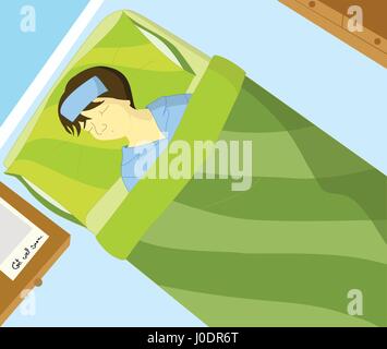Sick boy sleep on the bed and message 'Get well soon' on table Stock Vector