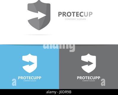 Vector of shield and arrow up logo combination. Security and growth symbol or icon. Unique protect and lawyer logotype design template. Stock Vector