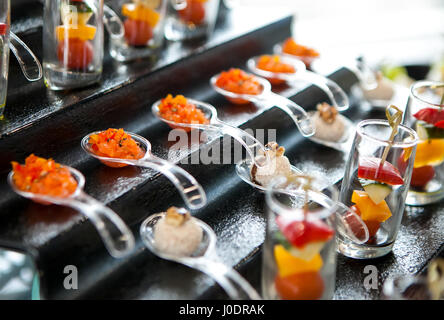 catering services background with snacks on guests table in restaurant at event party Stock Photo
