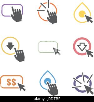 Call to Action Icon Graphics with Buttons, Clicking Hand and Pointers, & Dollar Signs Stock Vector