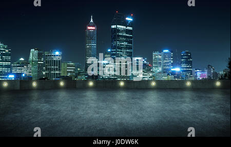 Empty asphalt roof top with modern city skyline , night scene ,Perth , Australia . Stock Photo