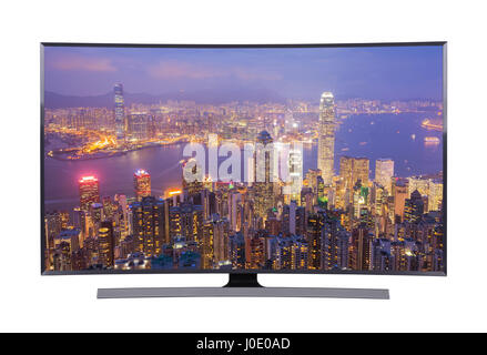 big led tv with cityscape view isolated on white background Stock Photo