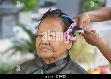 hand of a hairstylist doing a perm rolling the hair of senior woman Stock Photo