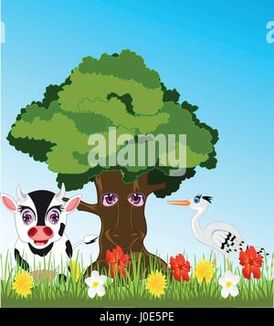 Tree and animals on glade Stock Vector